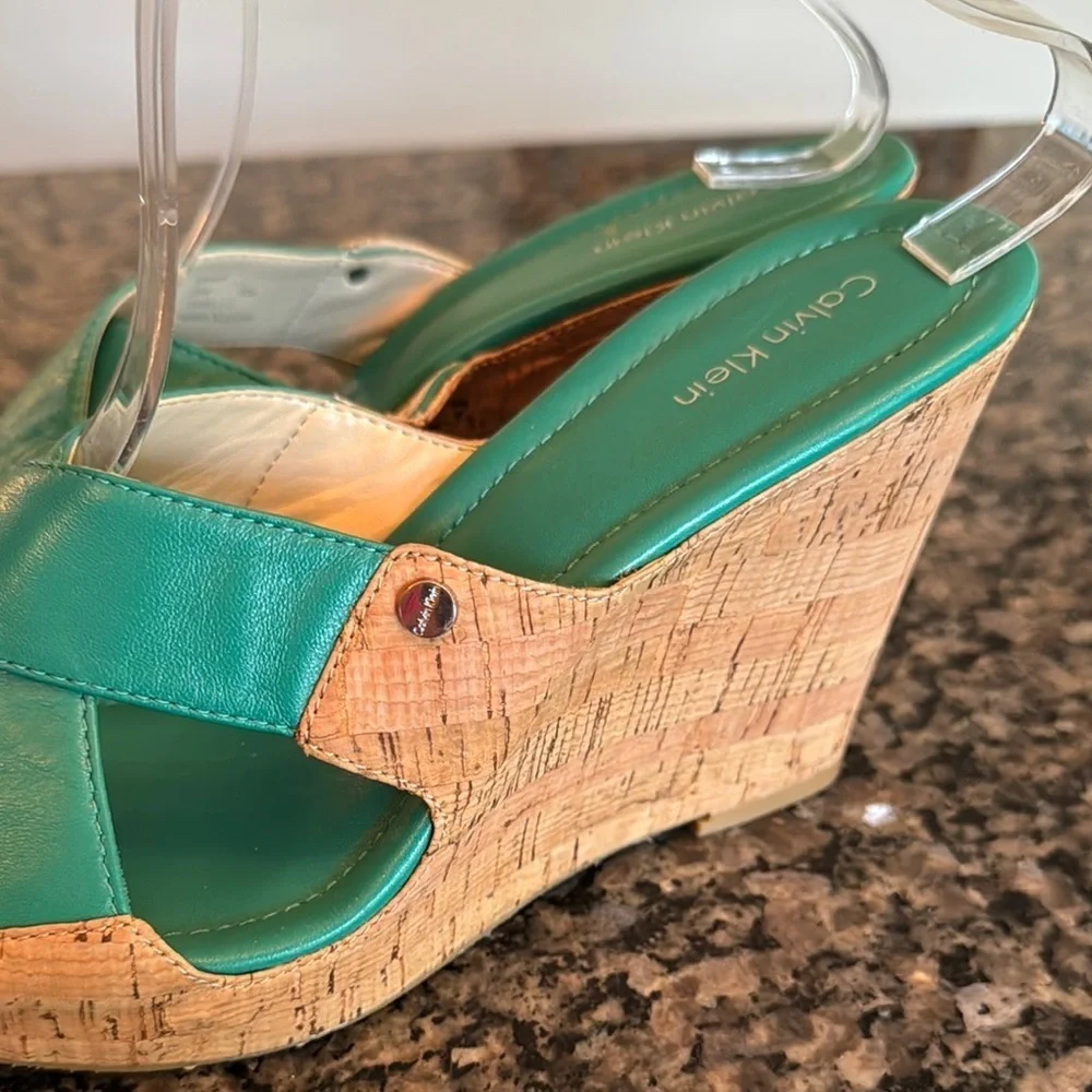Calvin Klien teal cork Wedges NWOT 9M